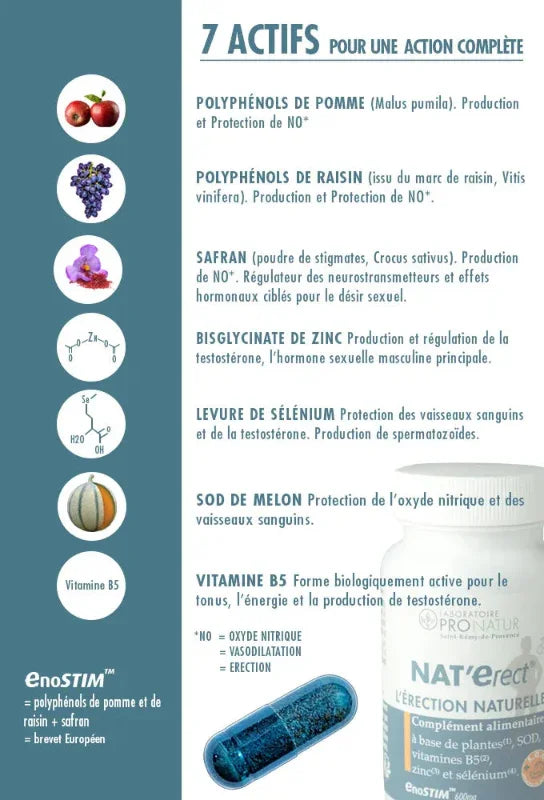 Présentation des 7 actifs naturels du complément alimentaire NAT’erect Alazina, avec images de pomme, raisin, safran, molécules, melon et vitamine B5, pour bienfaits santé, énergie et vitalité masculine.