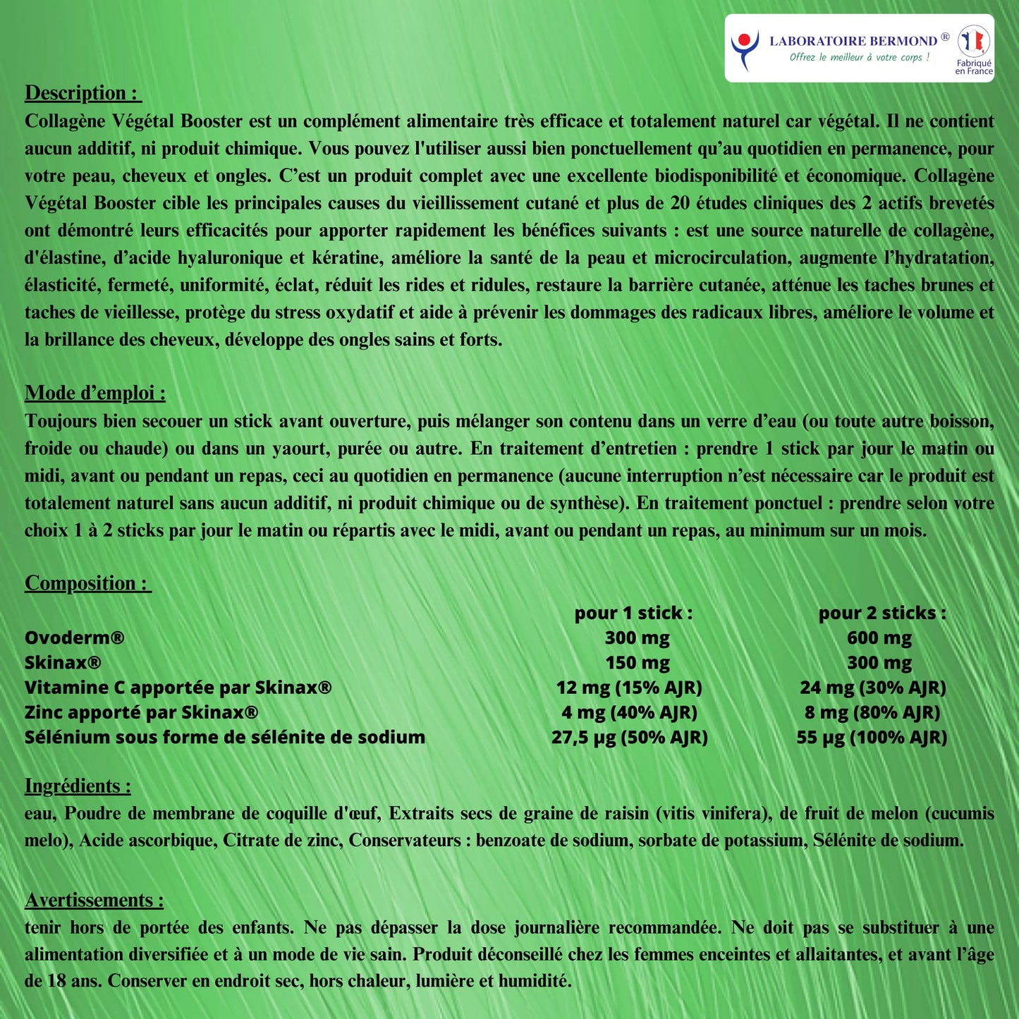 Composition et ingrédients de Collagene Vegetal Booster de Laboratoire Bermond
