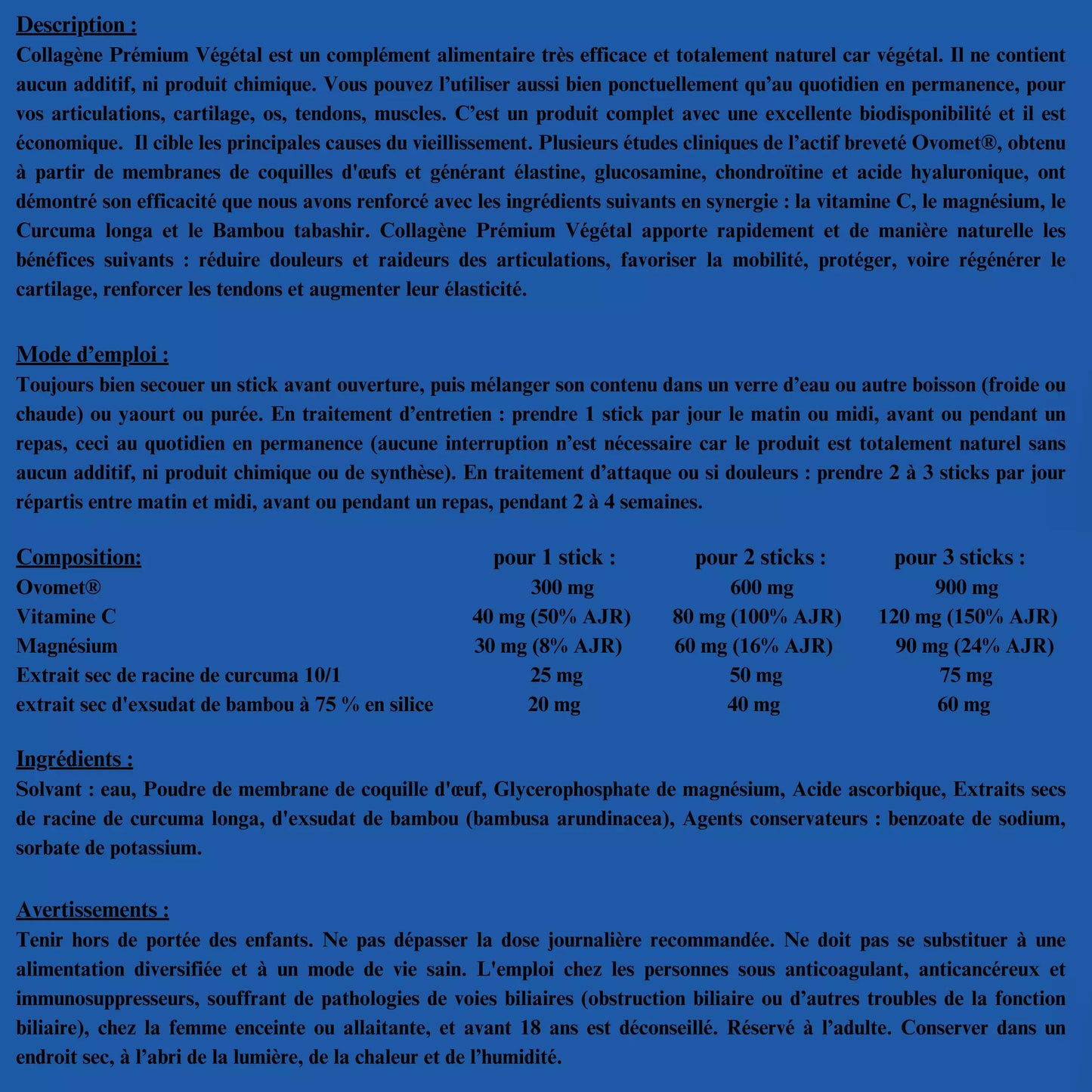 Composition Collagene Premium Vegetal pour les articulations du Laboratoire Bermond