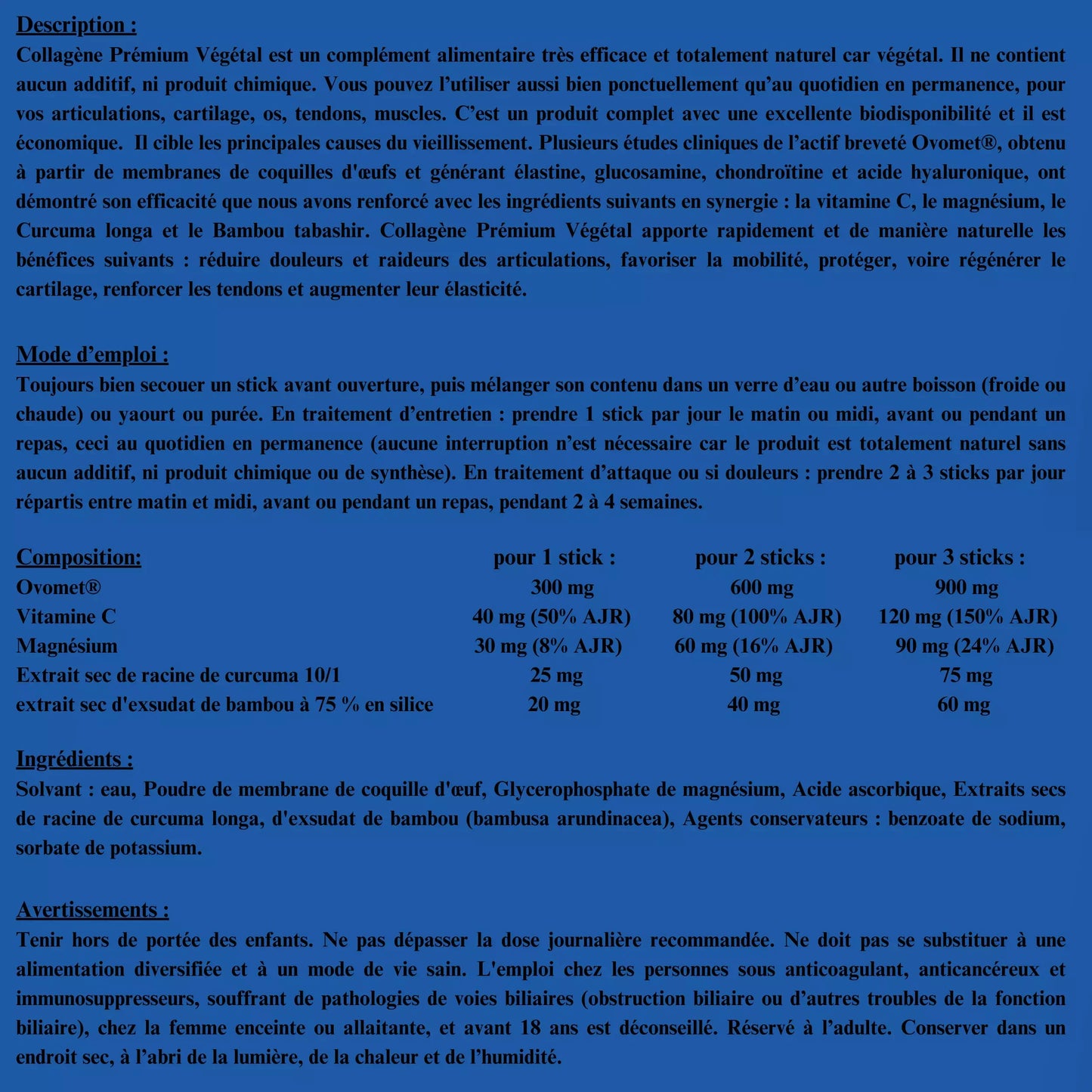 Composition Collagene Premium Vegetal pour les articulations du Laboratoire Bermond