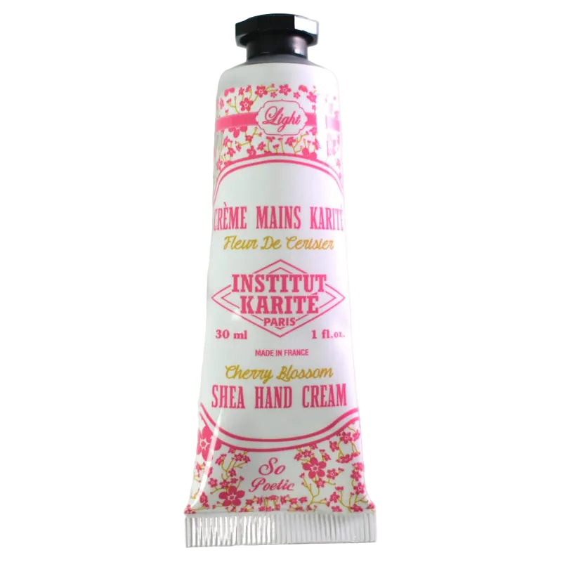 Crème mains karité fleur de cerisier 30ml Institut Karité, tube et boîte florale, cosmétique naturel Alazina