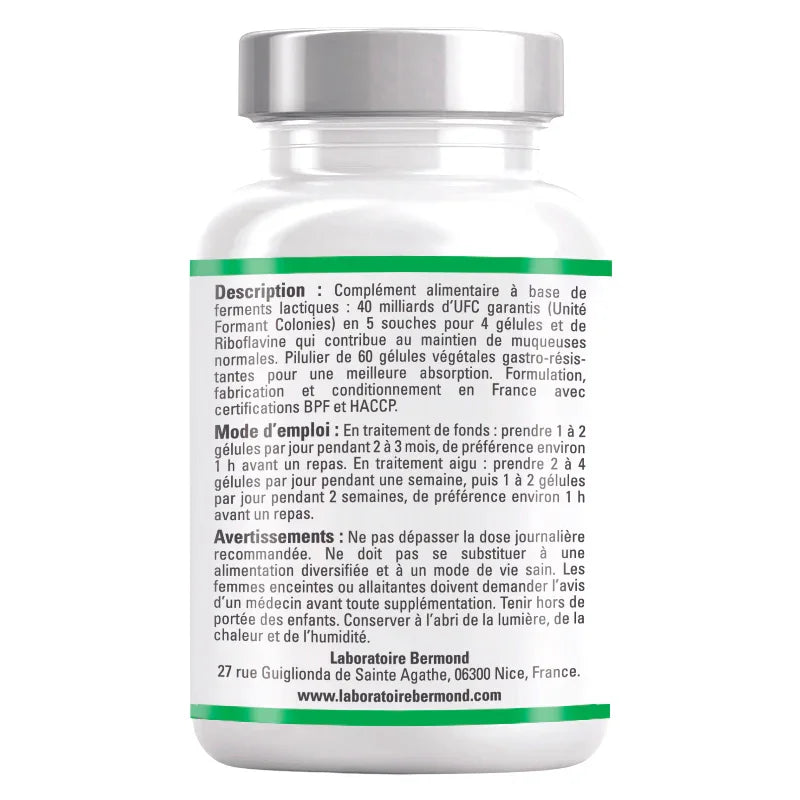 Flacon de compléments alimentaires probiotiques, description en français, Alazina soins naturels