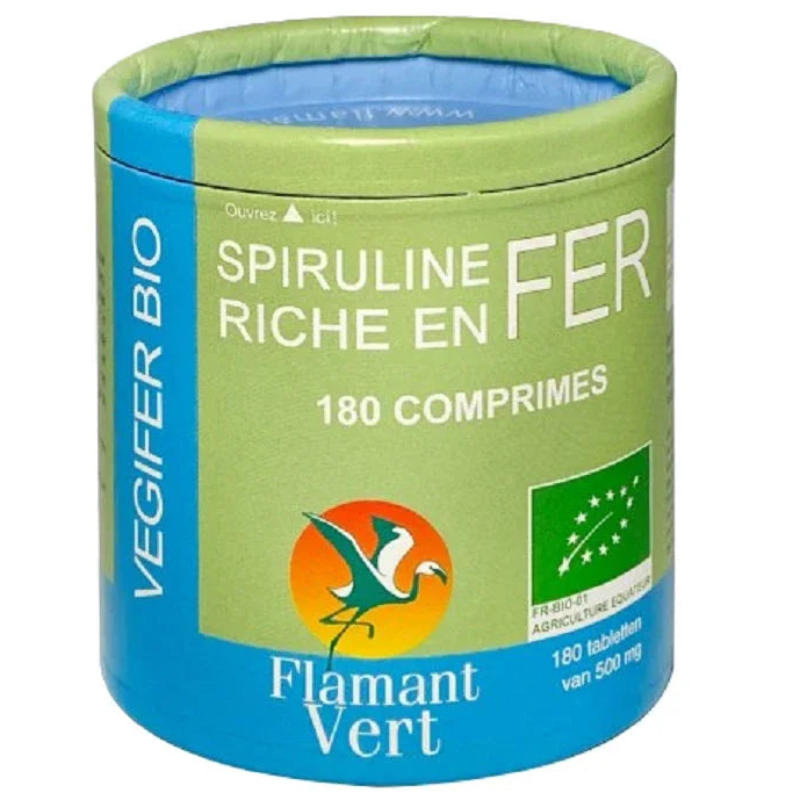 Flamant Vert Vegifer Bio spiruline riche en fer 180 comprimes 90g -