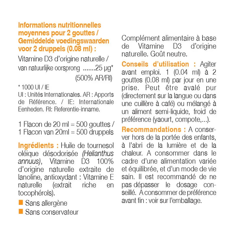 Nutriexpert Vitamine D3 1000UI 20ml-Immunité-Capital Osseux - ALAZINA