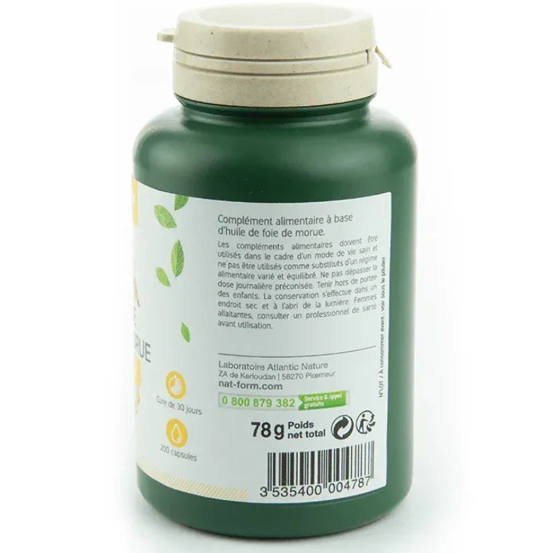 Flacon vert d'huile de foie de morue Nat&Form, 200 capsules, complément alimentaire naturel chez Alazina.