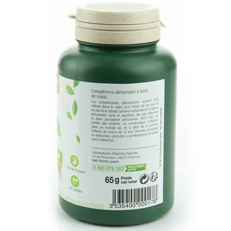 Flacon vert de complément alimentaire au nopal, 200 gélules, Alazina boutique France