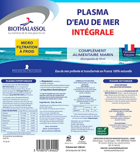 Biothalassol plasma d'eau de mer intégrale Duchange 20 ampoules 10ml - ALAZINA