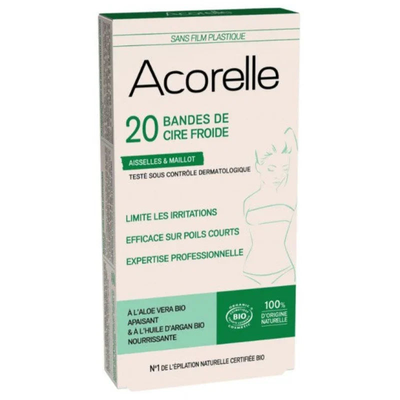 Boîte Acorelle 20 bandes de cire froide aisselles et maillot, soins naturels, Alazina