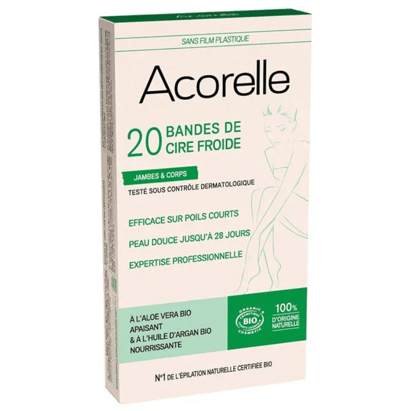 Boîte de 20 bandes de cire froide Acorelle pour jambes et corps, cosmétiques bio Alazina