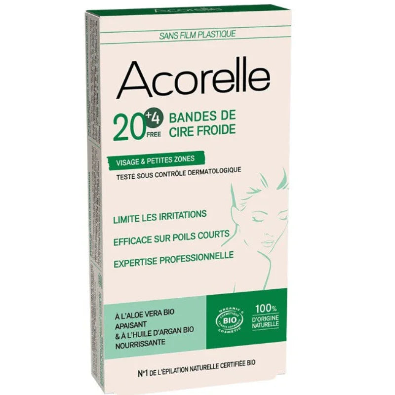 Bandes de cire froide Acorelle visage, épilation naturelle, boutique Alazina, cosmétique bio