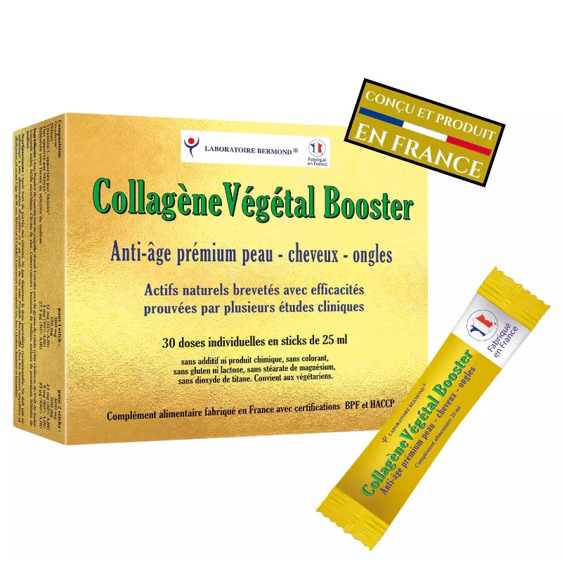 Boîte Collagène Végétal Booster Laboratoire Bermond, complément anti-âge peau, cheveux, ongles, fabriqué en France