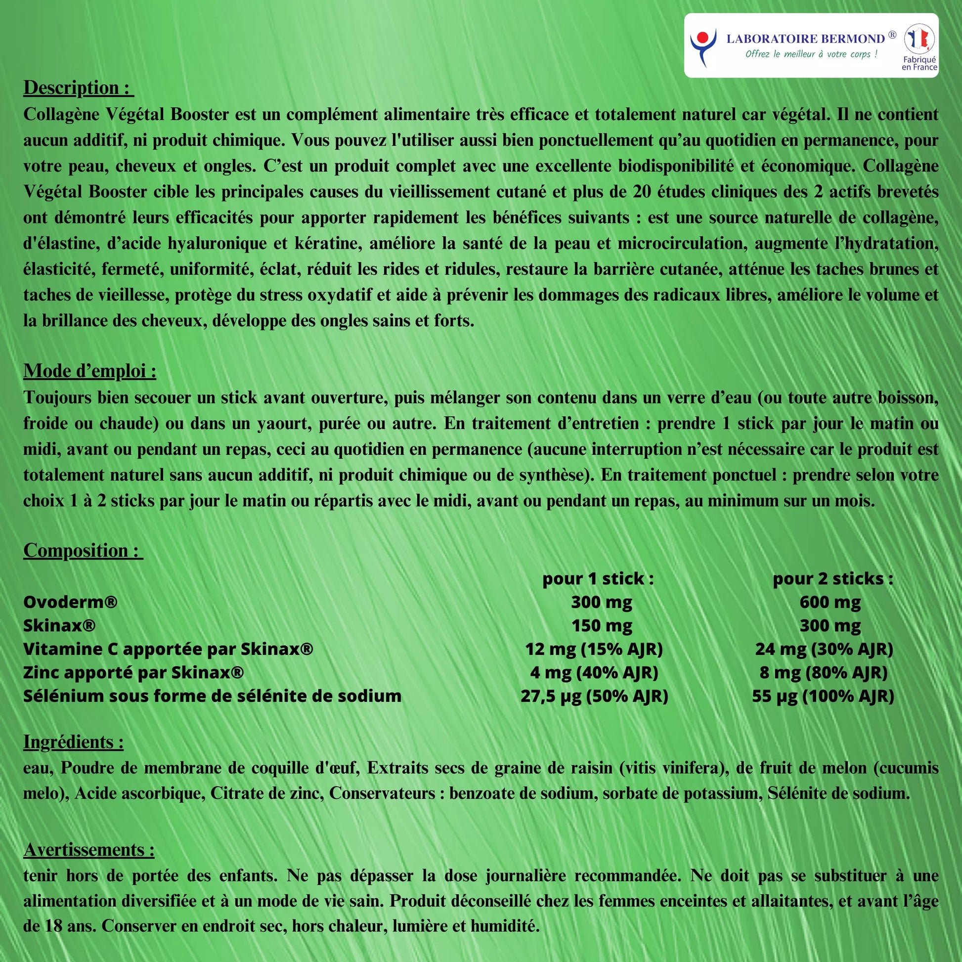 Composition et ingrédients de Collagene Vegetal Booster de Laboratoire Bermond