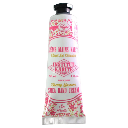 Crème mains karité fleur de cerisier 30ml Institut Karité, tube et boîte florale, cosmétique naturel Alazina