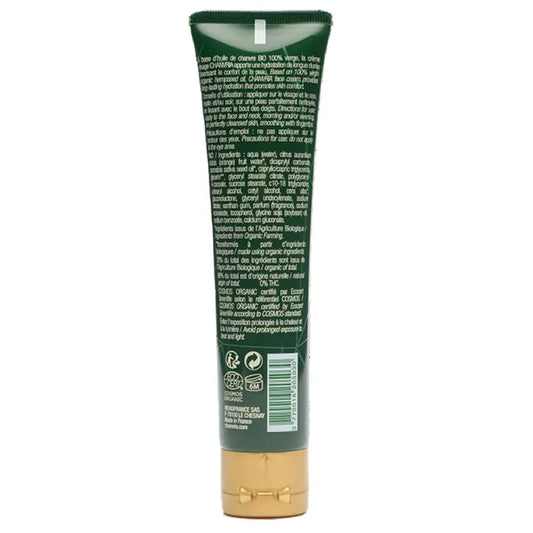Tube vert de crème visage naturelle ALAZINA avec liste ingrédients et label bio visible.