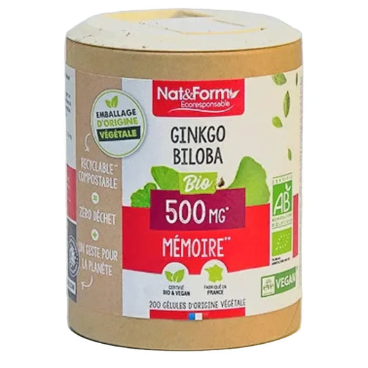 Complément alimentaire Ginkgo Biloba 500mg Nat&Form éco-responsable, bio, vegan, Alazina.