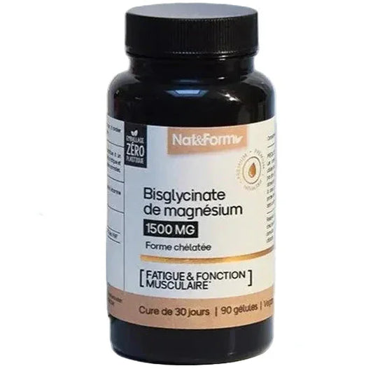 Flacon Nat&Form Bisglycinate de magnésium 1500 mg, complément alimentaire fatigue, Alazina.