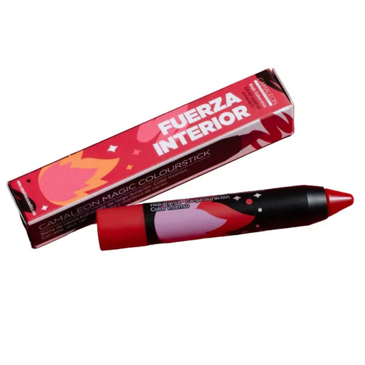 Stick rouge à lèvres Camaleon Magic Red, packaging rouge, maquillage Alazina cosmétique.