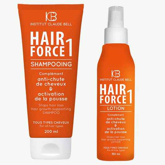 Routine Hair Force One : duo shampooing + lotion Claude Bell pour tonifier cheveux et cuir chevelu