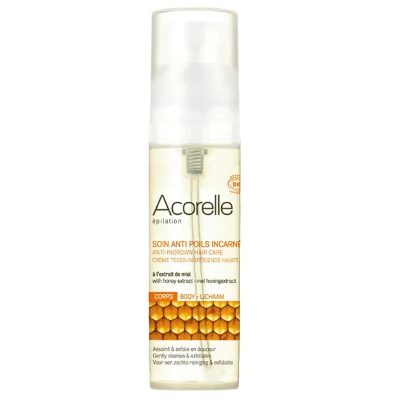 Flacon Acorelle soin anti-poils incarnés naturel, extrait de miel, cosmétique Alazina