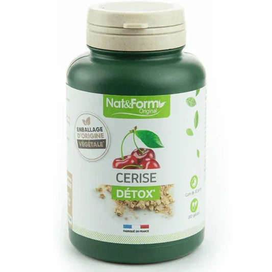 Complément alimentaire Nat&Form Cerise Détox 200 gélules, flacon vert, disponible sur Alazina.